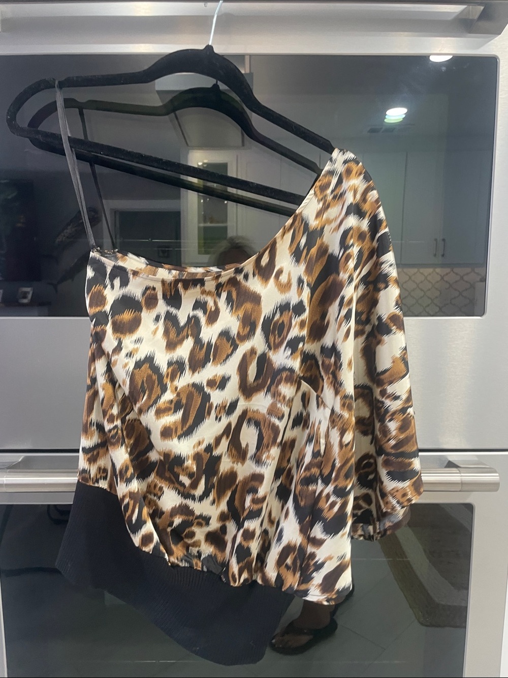 bebe Leopard One-Shoulder Satin Camisole - Brown/Black/Cream